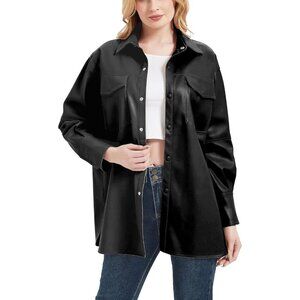RISISSIDA Women’s Black  Faux Leather Blazer Shacket Vegan Leather Button Coat